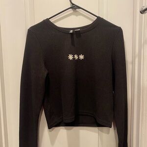 Black Ribbed Long Sleeve Top with Daisy Embroidery